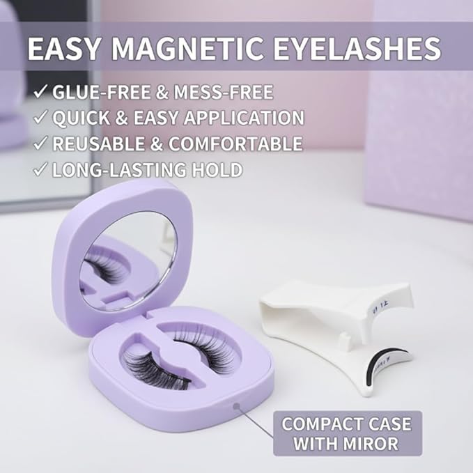 Luxury 3D Mink False Eyelashes Set with Purple Storage Case, Natural Long Fluffy Lashes，Magnetic False Eyelashes, Professional Makeup Kit