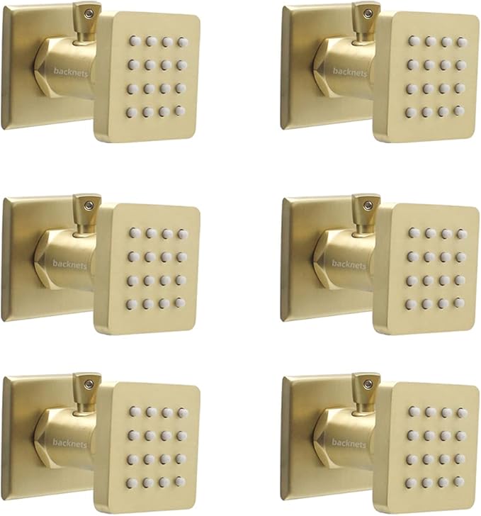 Solid Brass Square Shower Body Sprays with On Off Switch Brushed Gold Shower Jets 6 Pcs Massage Nozzle Jet Wall Mount, Flow Can Be Controlled, Showerhead Can Swivel