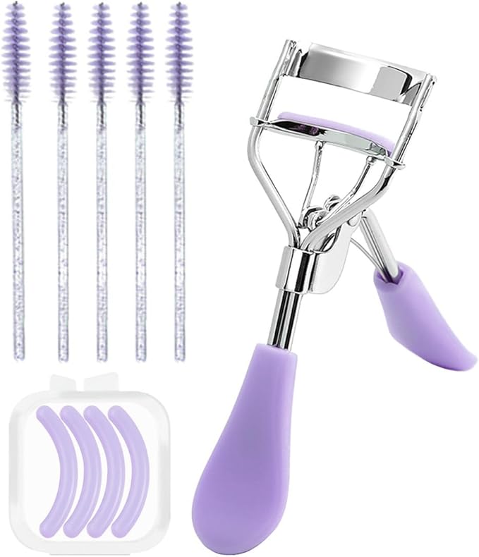 BenePoint Eyelash Curler, Lash Curler with Bonus 4Pcs Replacement Lash Pads& 5Pcs Eyelash Spoolies, Eyelash Curler Kit Portable Travel Eyelash Curler for Eyelash Extension (Purple)
