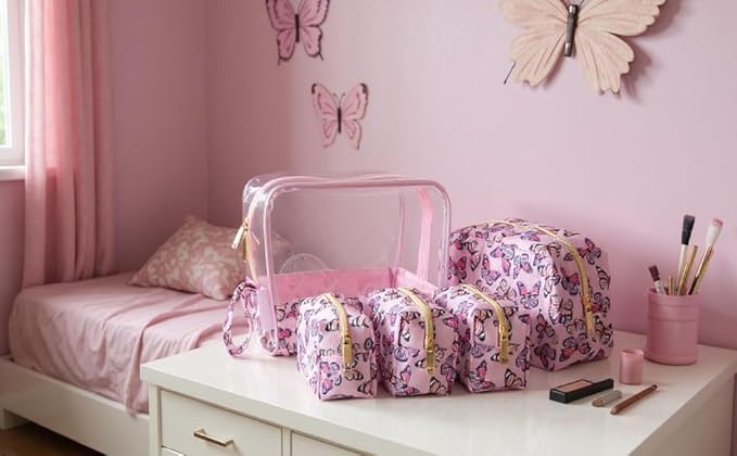Emma & Chloe Travel Toiletry Bags for Women, 5 Piece Waterproof Cosmetic Case, Bag, Pouch Makeup Organizer Set for Women, Home Counters (Fluttering Pink Butterflies)