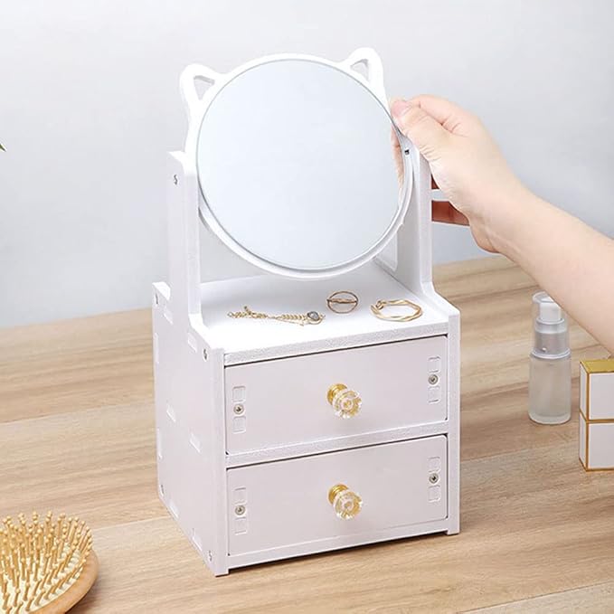 Countertop Vanity Mirror, Desktop Vanity Mirror with Drawer, 360° Rotating Makeup Mirror, Makeup Organizer, Cosmetic Storage Box for Home Office Bedroom Dresser Jewelry, Deer Desktop Mirror Drawer