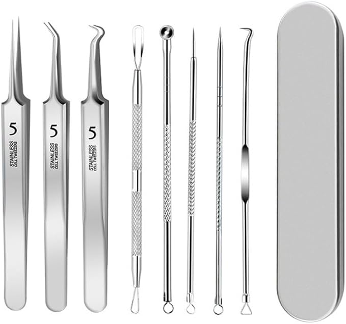 Blackhead Remover Tweezers Kit, Ultra-fine Tweezers Black Dots Blemish Extractor Acne Needle Facial Cleaner Skin Extractor Tool (8Pcs/Set)