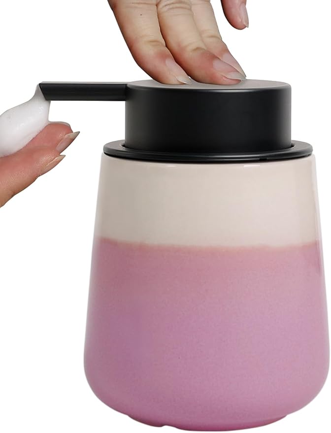 INGOFIN Ceramic Foaming Soap Dispenser - 12oz Foam Hand Soap Dispenser Bathroom, Refillable Modern Dish Dispenser with Pump for Kitchen, Beige and Pink