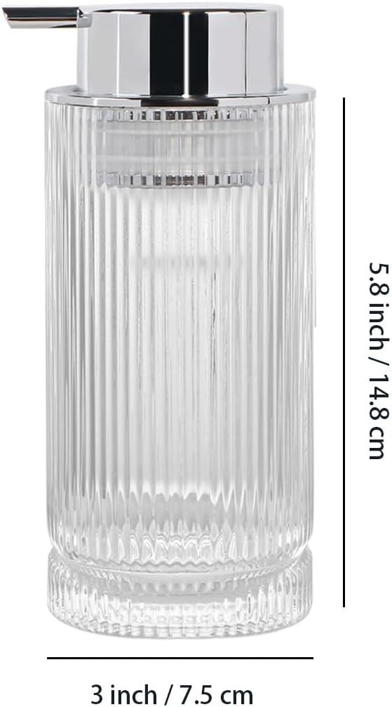 14 Oz Foaming Soap Dispenser, Clear Glass Soap Dispenser, Refillable Foam Pump Bottle Lotion Container with Silver Pump, Decorative Slim Ribbed Bottle for Bathroom and Kitchen Decor