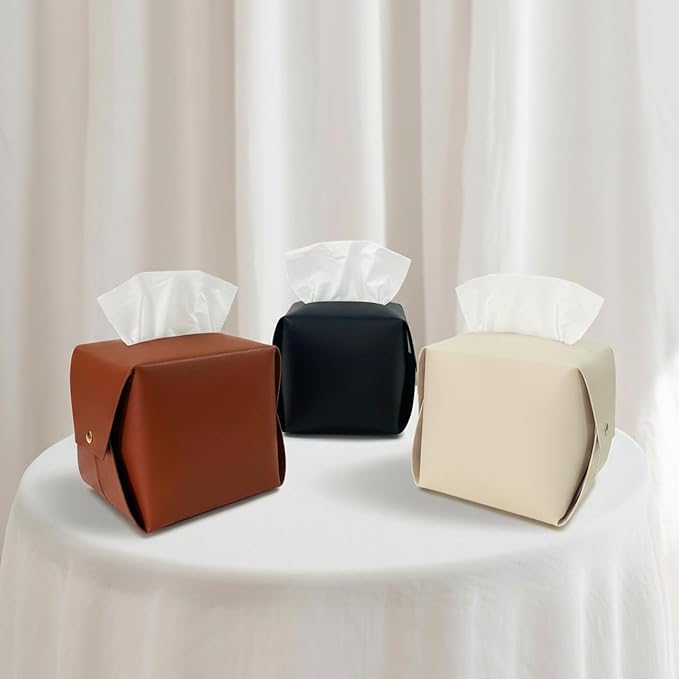 Tissue Box Cover Square, Leather Tissue Holder Organizer with Side Openings for Bathroom, Vanity, Tabletop, Office (1Pack-Brown)