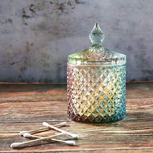 Colorful Home Decorative Jar Qtips Holder Dispenser Glass Storage Container Bathroom Counter Vanity Organizer for Bath Salts/Swabs/Rounds Makeup Sponges Toothpick Jewelry(Rainbow, 20 oz)