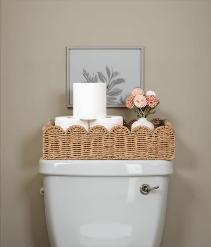 CubesLand Toilet Paper Storage Basket, Scalloped Edge Shelves Basket for Organizing for Over Toilet Tank Storage, Home Decor Baskets for Shelf, Countertop, Living Room, Bedroom, Handwoven, Neutral