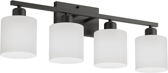 Black Vanity Lights for Bathroom, Anti-rust 4-Light Bathroom Light Fixtures Over Mirror, Modern 24Inches Wall Sconces, Eye-caring Milky White Glass Shades, Standard E26 Base, Bulbs Not Included
