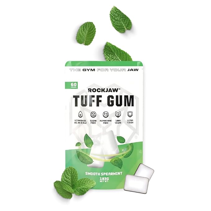 ROCKJAW® Tuff Gum | Ultra-Hard Jawline Chewing Gum for a Sharper Jawline | Vitamin B3, B5, B6 & B12 | 1350mg Xylitol | Sugar-Free | Aspartame-Free | 60 Pieces | Smooth Spearmint