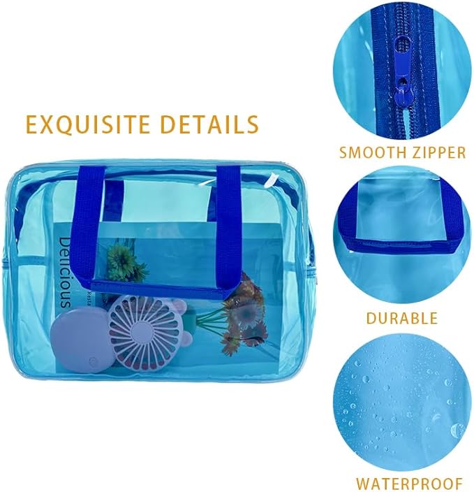PVC Sky Blue Pure Color Transparent Gift Pouch Wash Travel Makeup Cosmetic Bag with Handle for Travel Bathroom Toiletry Organizer (Sky Blue)