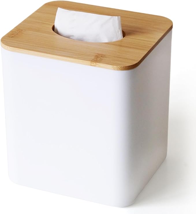 White Tissue Box Cover, Square Tissue Box Holder with Bamboo Cover Plate, Cube Tissue Box Cover for Desk Accessories, Decorative Tissue Box Tissue Holder for Bathroom Office