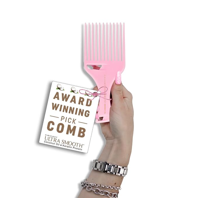 Cricket Ultra Smooth Coconut Hair Pick Comb - Infused with Coconut Oil & Keratin for Frizz-Free Shine, Volume Boost, and Gentle Detangling – Ideal for Curly, Thick, and Textured Hair - Pink