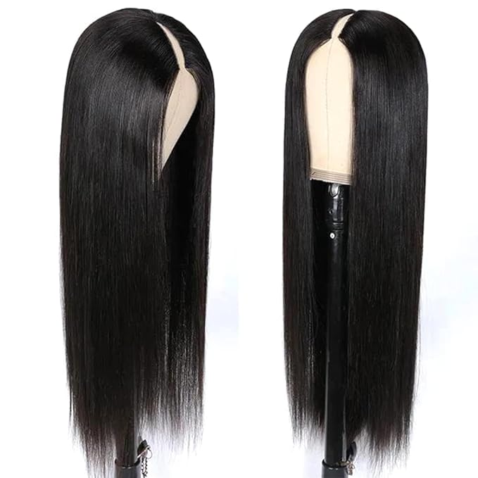 250% Density V Part Wigs Human Hair Straight Upgrade U Part Wigs Drawstring Wigs for Black Women Fits Snug & Secure No Glue No Sew in Beginner-friendly Clip In Half Wig Natural Color 26 Inch