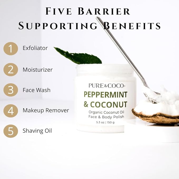 Peppermint Organic Coconut Oil Face and Body Polish - Non Toxic Body Exfoliator & Resurfacing Treatment - Smoothing Bump Eraser for KP & Strawberry Legs - Daily Hydrating Ritual for Sensitive Skin