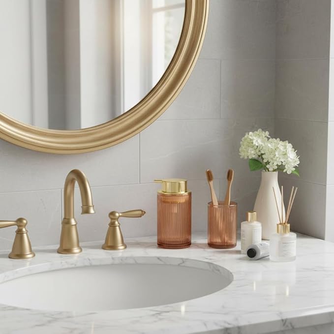 Foaming Soap Dispenser, 12 Oz Thick Glass Foam Hand Soap Dispenser, Refillable Glass Foam Pump Bottle Container Decorative Slim Ribbed Bottle for Bathroom and Kitchen (1, Brown Gold)