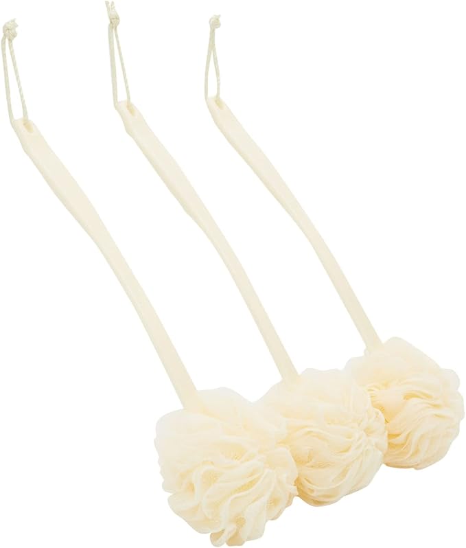 Juvale Exfoliating Luffa Shower Scrubber & Bath Scrubber for Body - 18 in, Ivory, 3-Pack - Loofah on a Stick & Shower Brush for Back