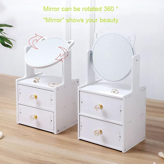 Cat Ear Vanity Mirror, Desktop Makeup Mirror with Drawer, Multipurpose Cosmetic Box, Plastic Cosmetic Storage Organizer for Home, Bedroom Supplies, White Country Brush Drawer
