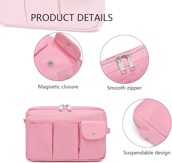Storage Bag-arge Cosmetic Bag for Women Travel Makeup Bag Zip Up Bag Pure Cotton Canvas Can be Suspended (Pink)