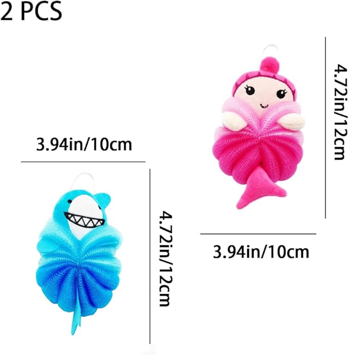 Bath Loofahs,Ttdesefu Kids Toddler Body Sponge Cute Cartoon Kids Loofah,Bath Sponge Shower Puff Soft Loofah Sponge Pouf Exfoliating Mesh Shower Ball (Animal，2 Pcs) (Dark Pink,Blue)