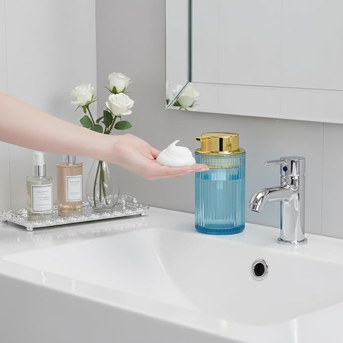 Foaming Soap Dispenser, 12 Oz Thick Glass Foam Hand Soap Dispenser, Refillable Glass Foam Pump Bottle Container Decorative Slim Ribbed Bottle for Bathroom and Kitchen (1, Blue Gold)