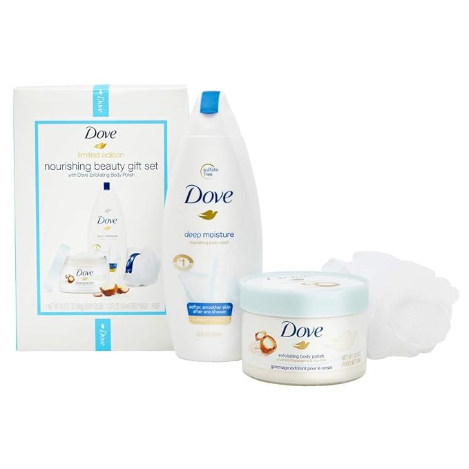 Dove Limited Edition Beauty Gift Set Exfoliating Body Polish and Moisturizing Body Wash with FREE Body Pouf Macadamia, Rice Milk