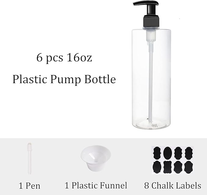 6 Pack 16 oz Plastic Pump Dispenser Bottles for Massage Oil, Shampoo, Lotions, Body Wash Pump Bottles, Hand Sanitizer Refillable Containers with Pump, 1 Funnel, 8 Chalk Labels
