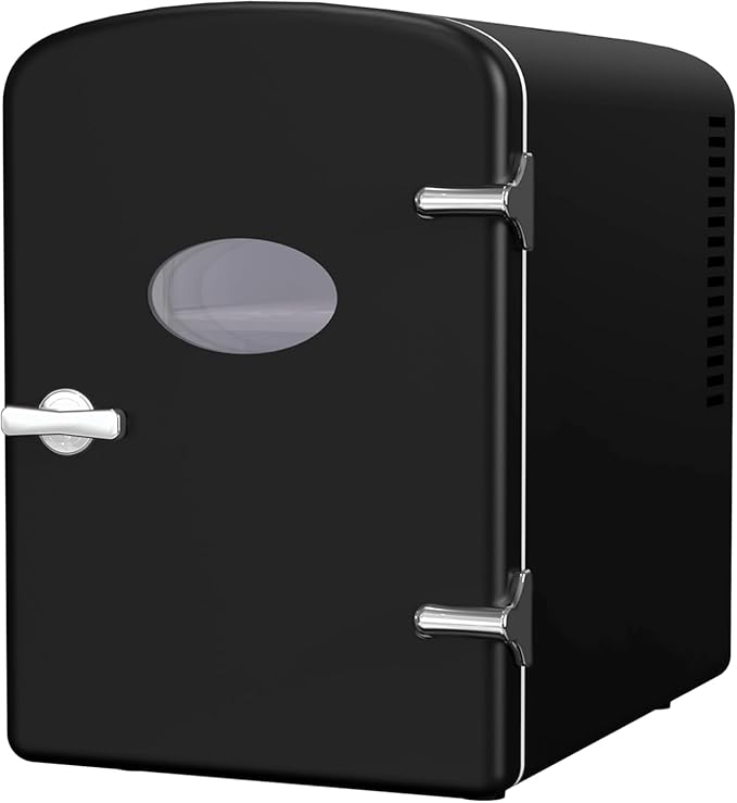 Simple Deluxe 4 Liter/6 Can Mini Fridge with Observation Window, Compact Freon-Free Small Refrigerator, Portable Cooler & Warmer for Skincare, Beverage, Food, Cosmetics, Black