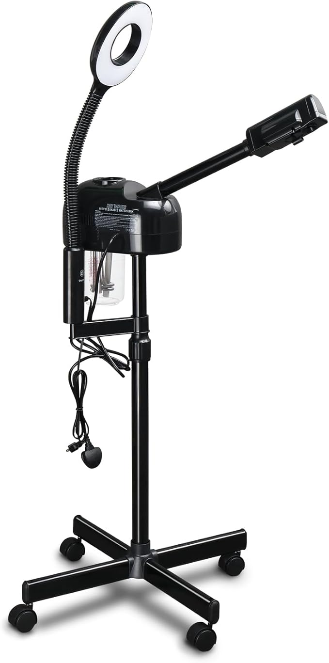 2-in-1 Professional Facial Steamer with 3X Magnifying Lamp, Ozone Face Steamer with Adjustable Height, Rolling Stand, 750W, Black