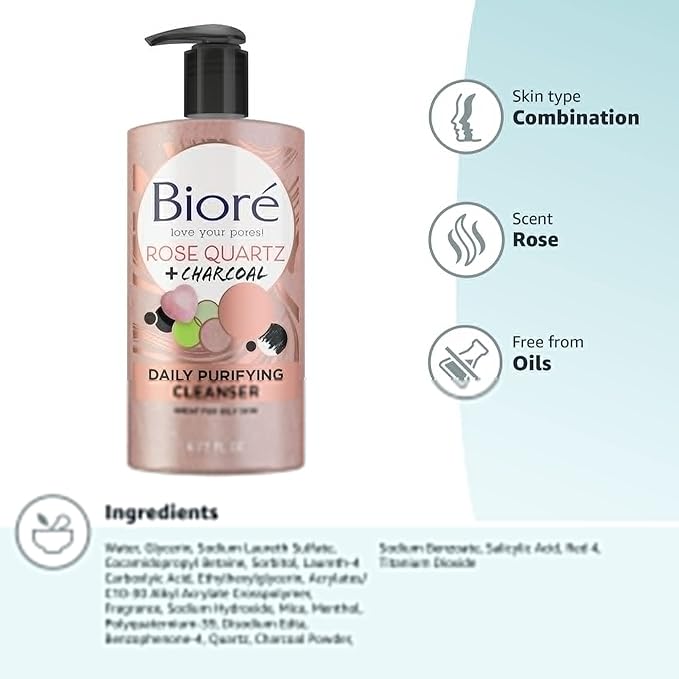 Bioré Rose Quartz + Charcoal Daily Purifying Cleanser,Oil Free Facial Cleanser Energizes Skin,Dermatologist Tested and Cruelty Free,6.77 oz,(Pack of 2)
