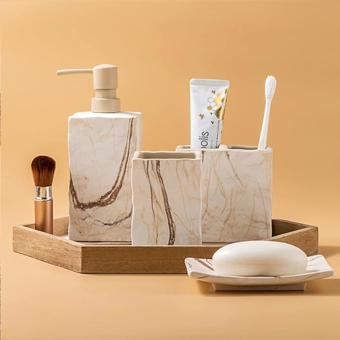 Bathroom Accessories Set 4 Pieces Toothbrush Holder Soap Dispenser Ceramic Bathroom Decor Set Contain Toothbrush Cup Soap Dish Tumbler Marble Brown