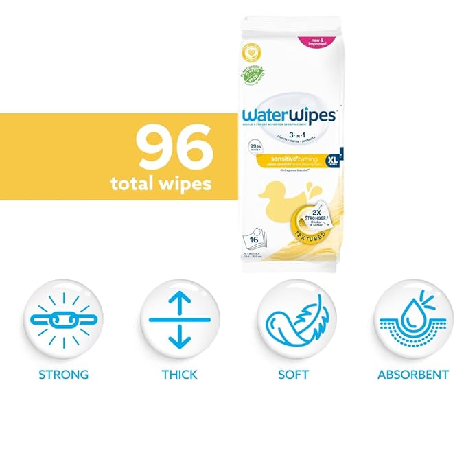 WaterWipes Sensitive+ Bathing Wipes,3-In-1 Cleans,Cares,Protects,99.9% Water,Unscented & Hypoallergenic,16 Count (Pack of 6)