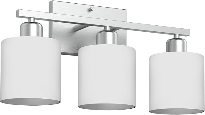 Bathroom Light Fixtures Over Mirror Brushed Nickel, Rustproof 3-Light Bathroom Vanity Lights, 18 Inches Modern Wall Sconces E26 Base, Milky White Glass Shades, Bulbs Not Included