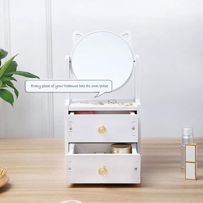Countertop Vanity Mirror, Desktop Vanity Mirror with Drawer, 360° Rotating Makeup Mirror, Makeup Organizer, Cosmetic Storage Box for Home Office Bedroom Dresser Jewelry, Deer Desktop Mirror Drawer