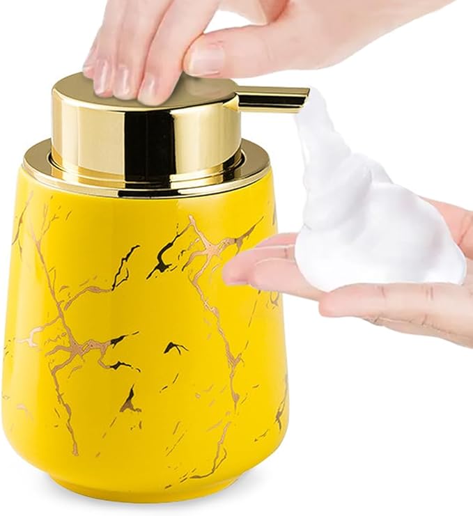 Marble Foam Soap Dispenser for Bathroom, Chic Ceramic Bottle, Gold Soap Dispenser Pump (Yellow)