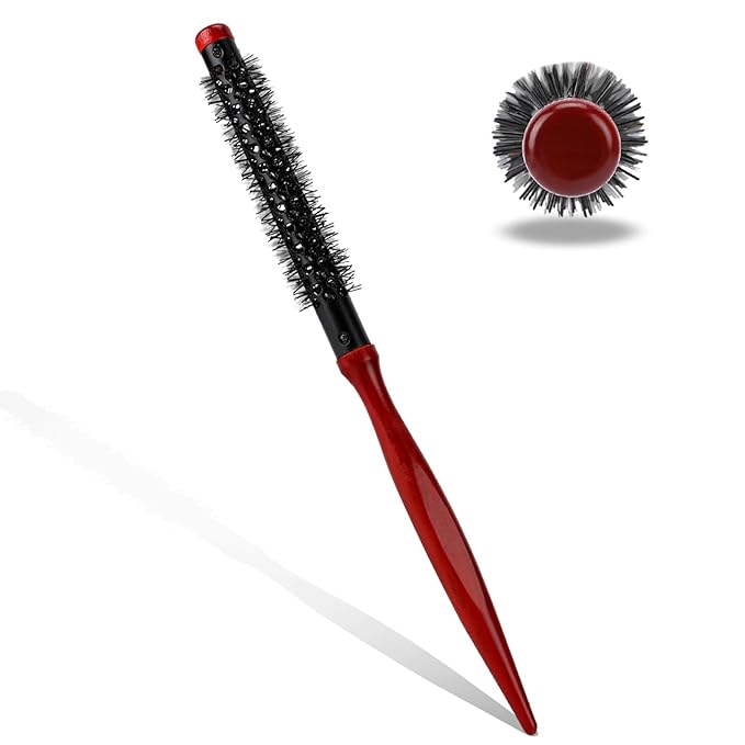 Mini Quiff Roller Brush for Blow Drying and Curling - 1/2 Inch Portable Travel Brush with Wooden Handle and Nylon Bristles for Styling Short, Fine Hair
