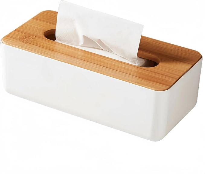 Tissue Box with Bamboo Cover, Plastic Tissue Organizer, Bathroom Tissue Dispenser for Home, Bedroom, Office, Living Room, 8.1 × 4.5 × 3.1 in (White)