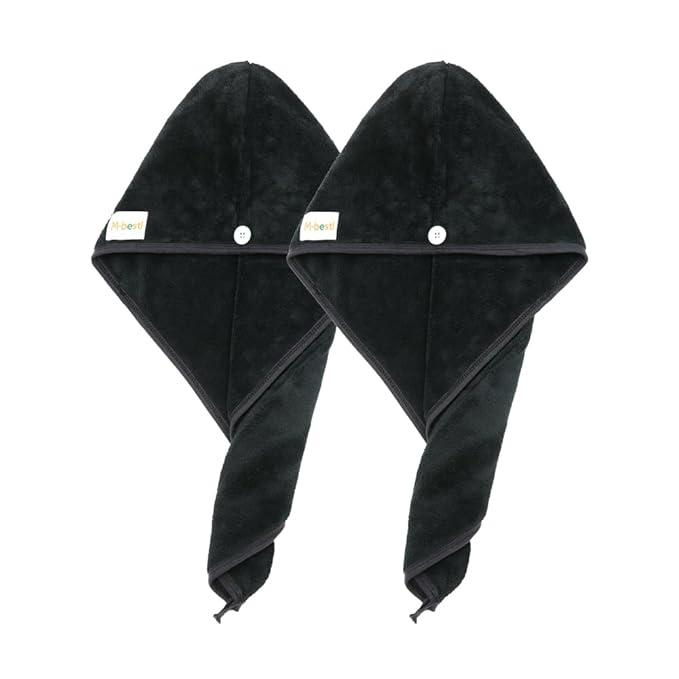 2 Pack Microfiber Hair Towel Wrap,Hair Drying Towel with Button,Absorbent and Anti-frizz Head Towel to Dry Curly or Straight Hair Quickly (Black)