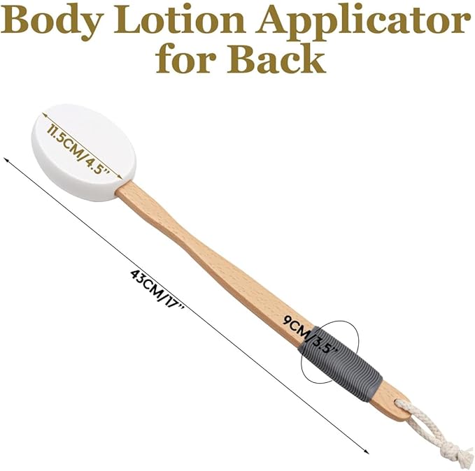 Lotion Applicator for Back 17'' Long Handled Back Cream Applicator with 2 Replacement Pads, Back Applicator for Cream Moisturiser, Long Wooden Handle Back Lotion Applicator for Skincare(White)