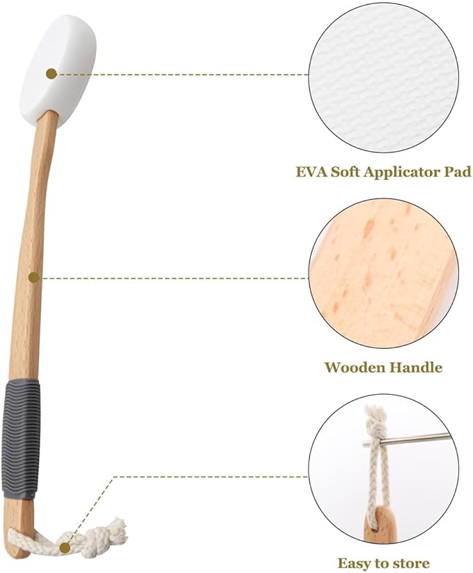 Lotion Applicator for Back 17'' Long Handled Back Cream Applicator with 2 Replacement Pads, Back Applicator for Cream Moisturiser, Long Wooden Handle Back Lotion Applicator for Skincare(White)