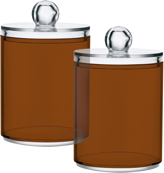 Saddle Brown Qtip Holder Organizer Dispenser Cotton Swabs Cans Plastic Jars with Lid Set 4 Pack Bathroom Storage Canister for Cotton Ball Floss Cotton Pads