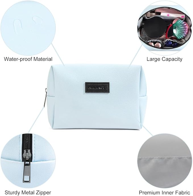 MAANGE Small Makeup Bag For Purse, Travel Cosmetic Bag Makeup Pouch PU Leather Portable Versatile Zipper Pouch For Women (Blue)