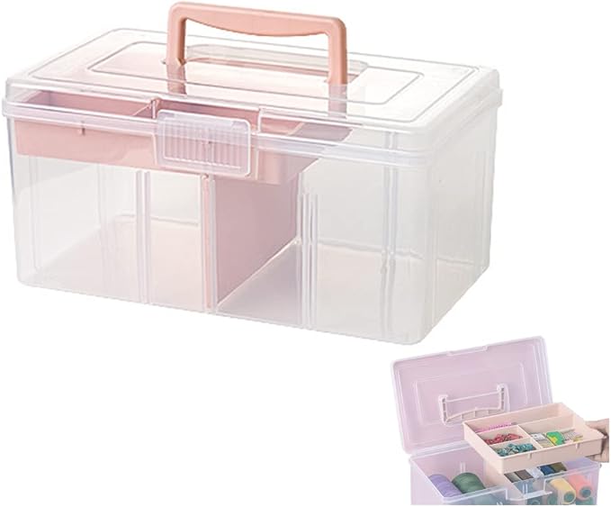 Clear Plastic Office Supply Art & Craft Storage Box, Sewing Box Organiser Large with a Removable Tray & Adjustable Partition, Portable Travel Makeup Case (Clear & pink)