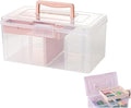 Clear Plastic Office Supply Art & Craft Storage Box, Sewing Box Organiser Large with a Removable Tray & Adjustable Partition, Portable Travel Makeup Case (Clear & pink)