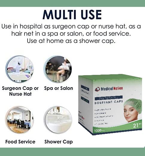 21" Disposable Bouffant Caps Hair Net | CASE OF 1000, Green | Hairnets, Non-Pleated Head Hair Covers |For Medical, Labs, Nurse, Tattoo, Food Service, Hospital, Cooking - Size 21" Green