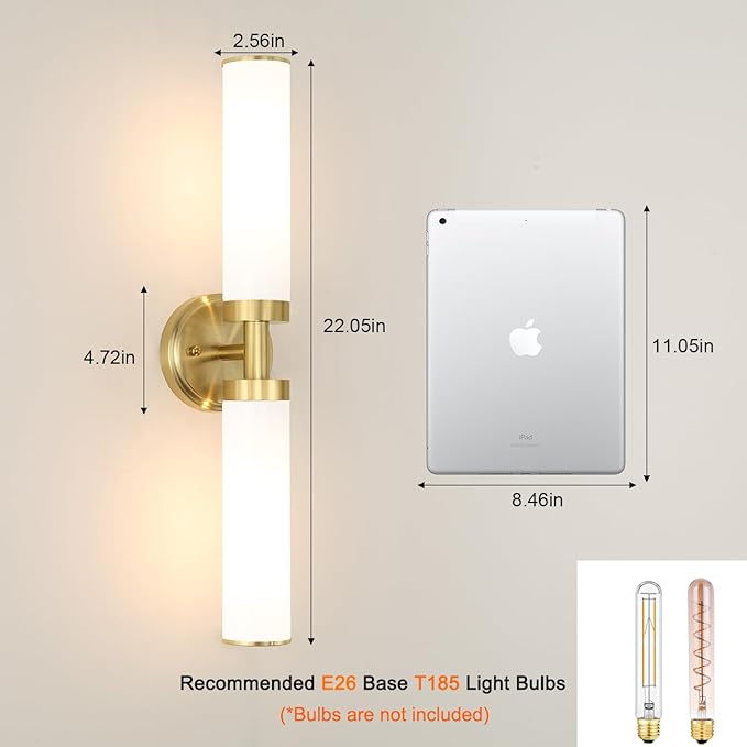 Antique Gold Wall Sconces Set of 2, Modern Bathroom Vanity Lights for Mirror, Wall Light Fixtures with Milk Glass for Bathroom, Bedroom, Hallway, E26 Base, Bulbs Required, 22.05 Inch