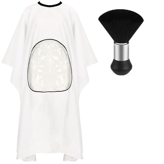 FEBSNOW Professional Barber Cape with Neck Duster Brush Large White Hair Cutting Cape with See-Through Window Salon Cape
