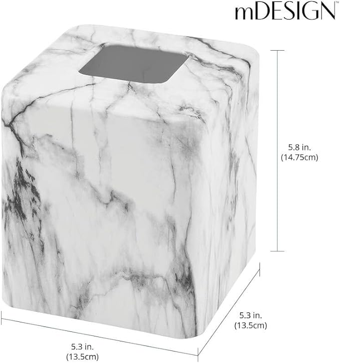 mDesign Metal Square Tissue Box Cover, Modern Facial Paper Holder - Accessories for Bathroom Vanity Countertop, Bedroom Dresser, Night Stand, Desk, Office and End Table - Unity Collection - Marble