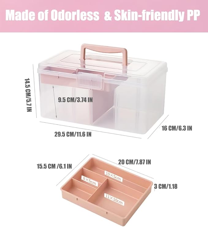 Clear Plastic Office Supply Art & Craft Storage Box, Sewing Box Organiser Large with a Removable Tray & Adjustable Partition, Portable Travel Makeup Case (Clear & pink)