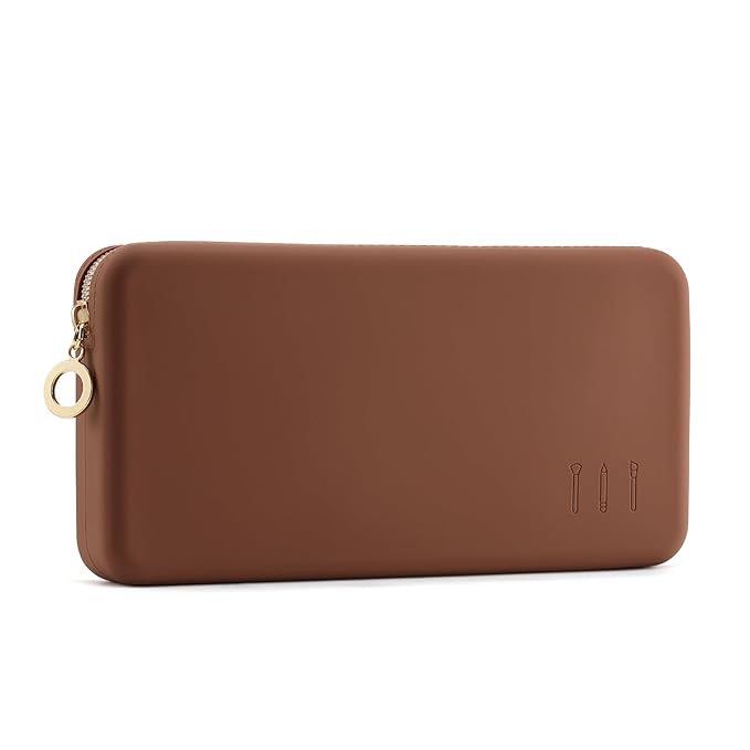 FVION Zipper Makeup Brushes Bag For Travel, Large Silicone Makeup Brush Holder, Make Up Brushes Pouch Case for Makeup Tools - Brown