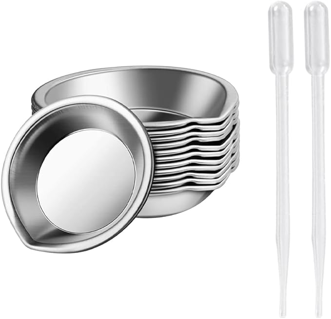 12 Pcs Stainless Steel Paint Trays Small Round Metal Palette Makeup Cosmetic Mixing Palette with 2 Pcs Plastic Pipettes for Artist Watercolors